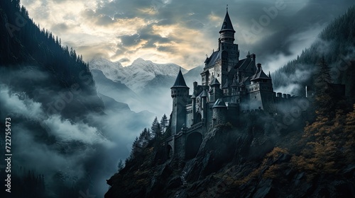 Illustration of Dracula's castle among the mountains, featuring gothic-style architecture and a spooky, mysterious atmosphere.