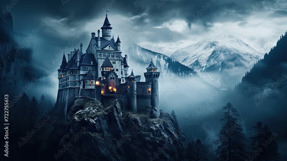 Illustration of Dracula's castle among the mountains, featuring gothic-style architecture and a spooky, mysterious atmosphere.