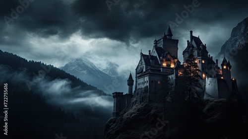 Illustration of Dracula s castle among the mountains  featuring gothic-style architecture and a spooky  mysterious atmosphere.