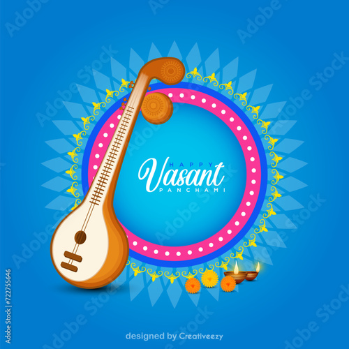  Vasant Panchami is a Hindu festival that celebrates the arrival of spring. The image you sent features a veena, which is a stringed instrument, along with flowers and candles.