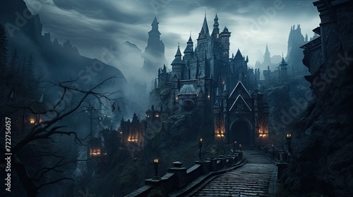 Illustration of Dracula's castle among the mountains, featuring gothic-style architecture and a spooky, mysterious atmosphere.