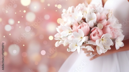 Close-up of a bride holding a beautiful bouquet with pink roses and white flowers  symbolizing romance and celebration.