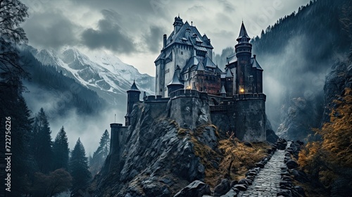 Illustration of Dracula s castle among the mountains  featuring gothic-style architecture and a spooky  mysterious atmosphere.