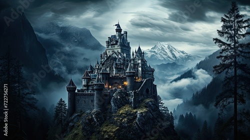 Illustration of Dracula's castle among the mountains, featuring gothic-style architecture and a spooky, mysterious atmosphere. © Xabrina