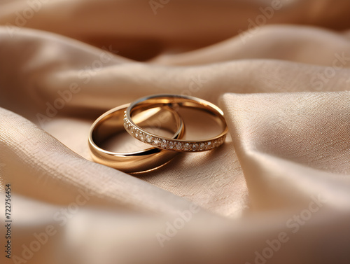 Gold wedding rings rest on a silk-covered table, symbolizing love and marriage in a celebration of romance and commitment,Generative Ai