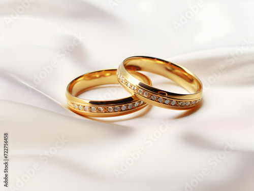 Gold wedding rings rest on a silk-covered table, symbolizing love and marriage in a celebration of romance and commitment,Generative Ai