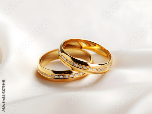 Gold wedding rings rest on a silk-covered table, symbolizing love and marriage in a celebration of romance and commitment,Generative Ai