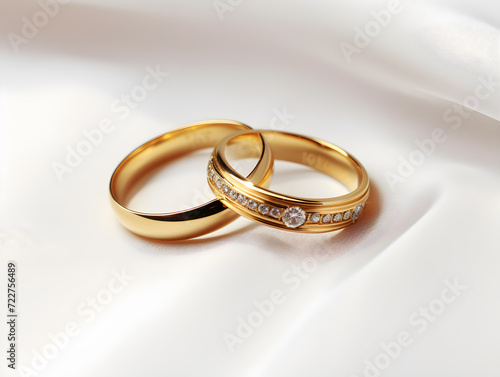 Gold wedding rings rest on a silk-covered table, symbolizing love and marriage in a celebration of romance and commitment,Generative Ai