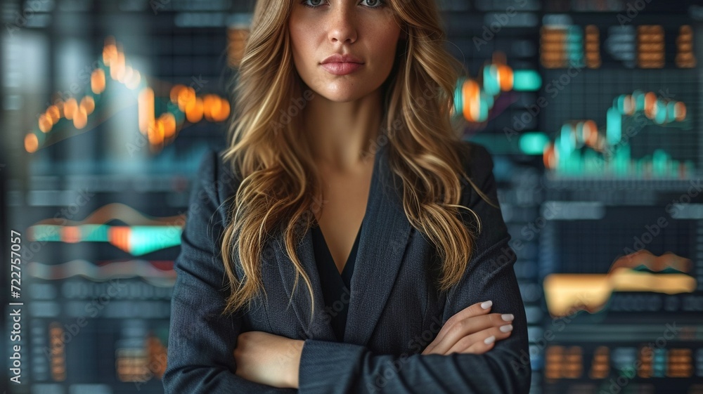 Stock quotes and digital financial themes surround a woman in a business suit who is standing with her arms crossed over her chest.