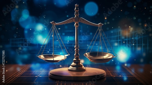 Balanced scales of justice, symbol of law and fairness on blue background photo