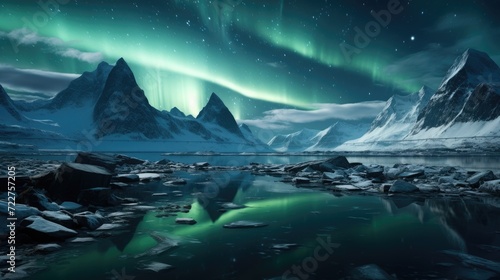 Northern Lights in the Arctic Ocean. Green glow in the sky © masyastadnikova