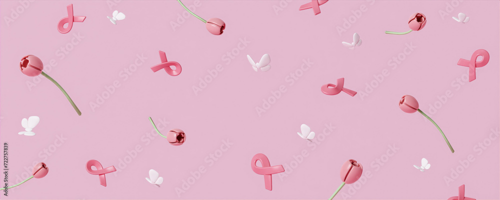 pink ribbon with flowers and space for world Cancer Awareness Month and World Cancer Day banner background design in 3D illustration. pink ribbon with flowers and space for world Cancer Awareness Month and World Cancer Day banner background design in 3D illustration.