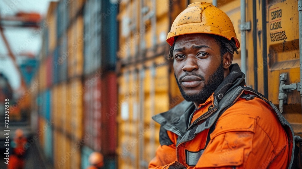 Black African worker with leg injuries sustained in an accident, medical team assistance provided in the port cargo container yard Black African worker with leg injuries sustained in an accident, medical team assistance provided in the port cargo container yard