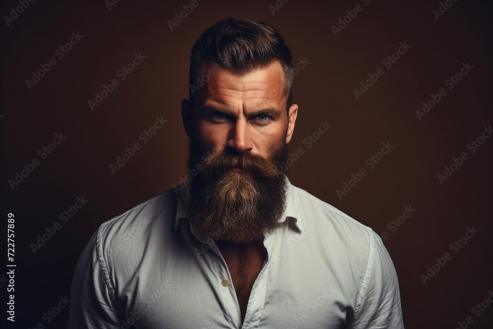 Portrait of a handsome man with a long beard and mustache.