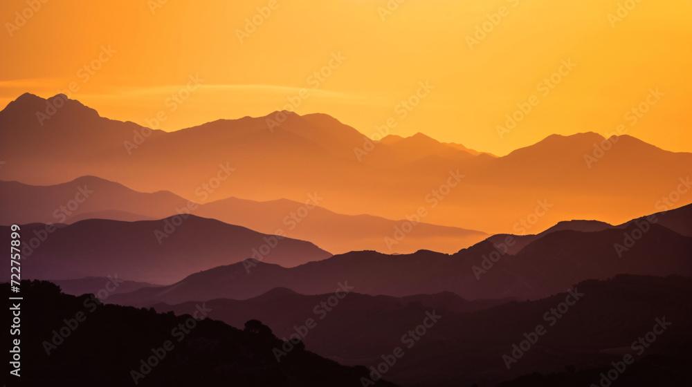 Orange sky over silhouette mountains in Montes