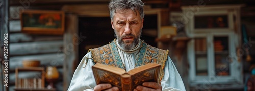 A priest, reverend, or clergyman reading from a bible while donning a clerical collar. A preacher sharing the gospel in front of an antiquated, rural, and rustic church