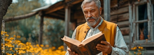 A priest, reverend, or clergyman reading from a bible while donning a clerical collar. A preacher sharing the gospel in front of an antiquated, rural, and rustic church photo