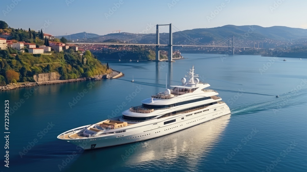 Fototapeta premium A modern, white cruise ship near the pier, side view. Travel and vacation
