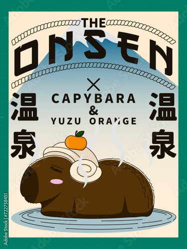 onsen and capybara retro themed poster