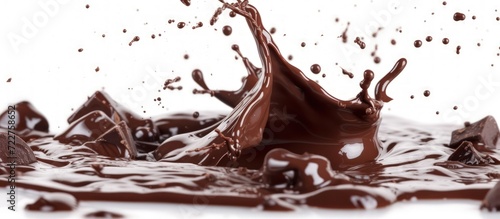 Closeup rendering 3D brown chocolate liquid splashes isolated on white background. Generated AI