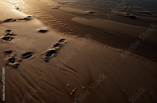 Footprints in the sand on the beach at sunset. Natural background.