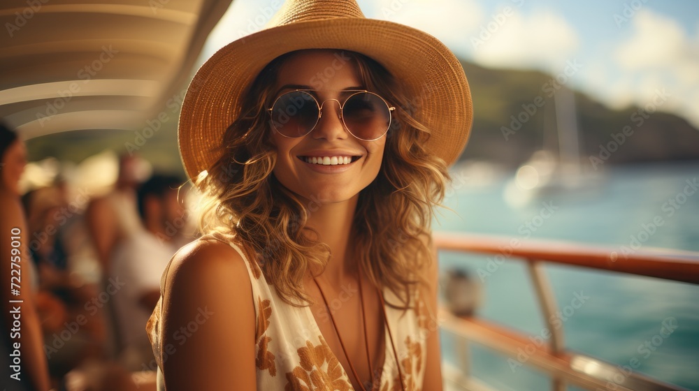 portrait of a happy young woman wearing sunglasses and a hat on the deck of a cruise ship portrait of a happy young woman wearing sunglasses and a hat on the deck of a cruise ship
