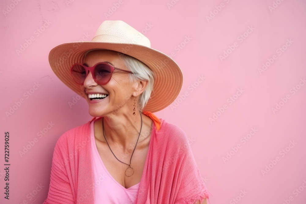 Portrait of happy senior woman in hat and sunglasses against pink background Portrait of happy senior woman in hat and sunglasses against pink background