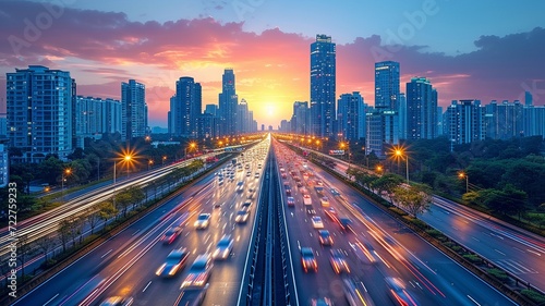 urban traffic overlook, contemporary city flyover, photo