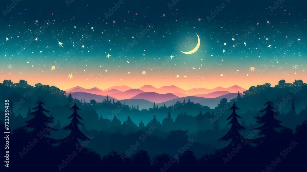 Starry Night Sky Over Silhouetted Forest and Mountains Starry Night Sky Over Silhouetted Forest and Mountains