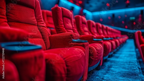 A row in a movie theatre with red armchairs and popcorn cup holders. Concepts of entertainment and watching films,