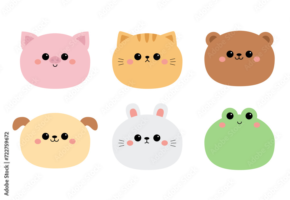Cat kitten kitty, bear, dog puppy, rabbit bunny hare, pig, frog face icon set. Kawaii animal. Cute cartoon character. Funny baby. Love card. Flat design. White background. Isolated. Cat kitten kitty, bear, dog puppy, rabbit bunny hare, pig, frog face icon set. Kawaii animal. Cute cartoon character. Funny baby. Love card. Flat design. White background. Isolated.