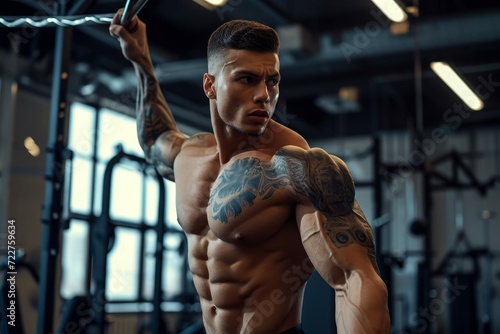 Male fitness model demonstrating strength training in a high-tech gym © Lucija