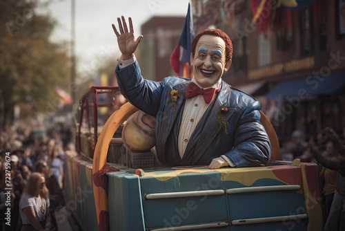 Joyful Clown Waving Hand on Parade Float in Festive Street Celebration