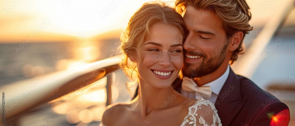 Chic young couple on a yacht, cuddling and kissing,