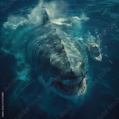 a great white shark with a boat in the background,digital art, vfx movie closeup, ferocious appearance, deep in the ocean © PixelPrompt