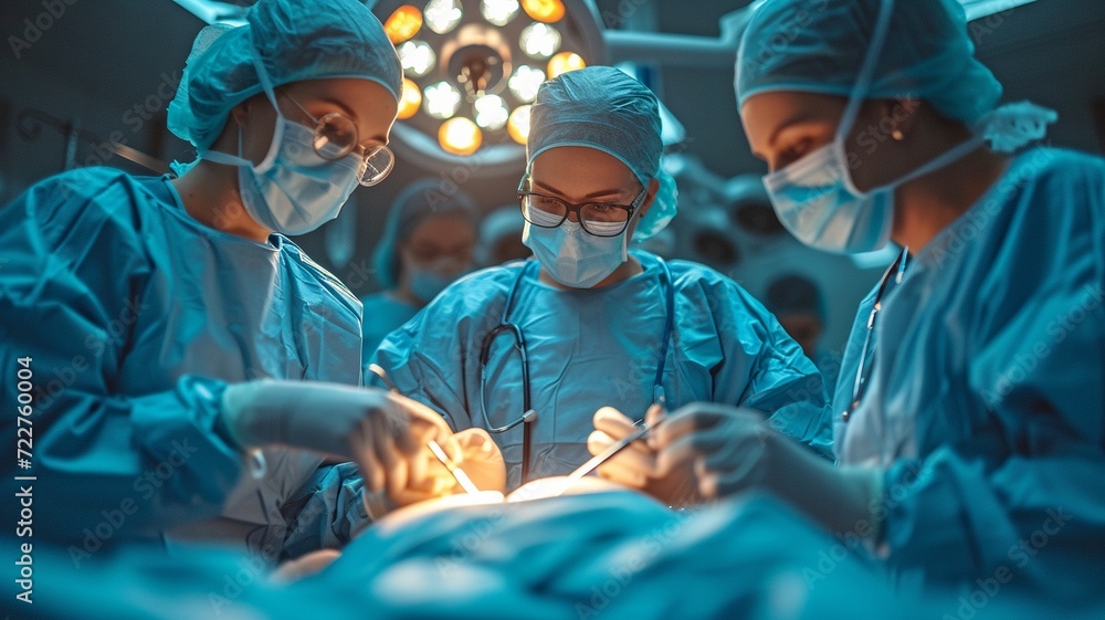 In a hospital operating room, team doctors employ medical equipment. A physician surgeon is holding a laparoscopic instrument in the patient's abdomen. In a hospital operating room, team doctors employ medical equipment. A physician surgeon is holding a laparoscopic instrument in the patient's abdomen.