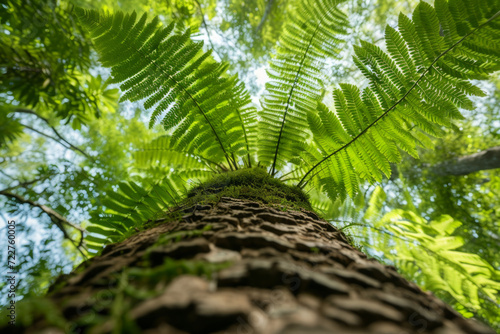 Low angle and close-up view  looking up to see idyllic fern leaves growing from the tree  composition of a lush foliage tree and epiphytic plants...