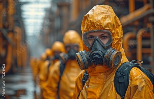 The hazardous factory workshop environment is being cleaned by a toxic chemical gas leak safety crew while also providing protection and safety.