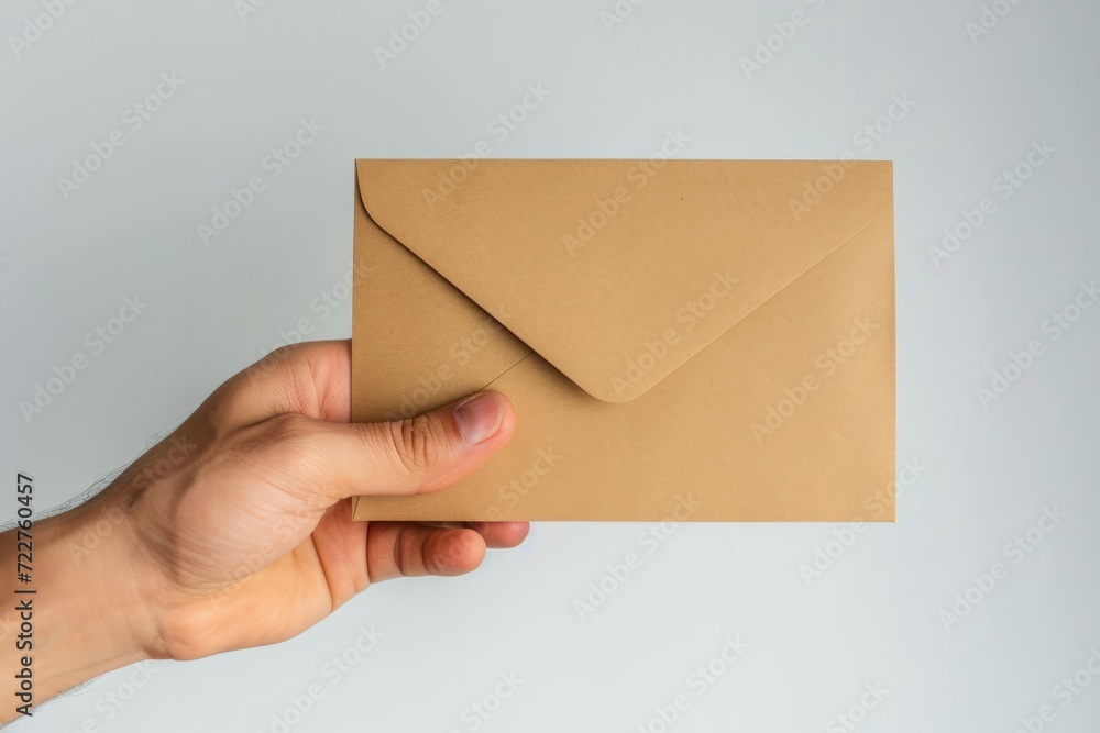 Human hand holding kraft envelope, front side, white background, natural light
