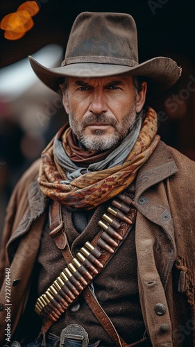 With a revolver pistol weapon and a bandolier of bullets, the outlaw is a western cowboy. photo