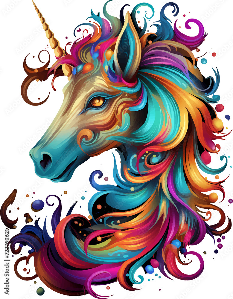 T-shirt design, colorful unicorn head