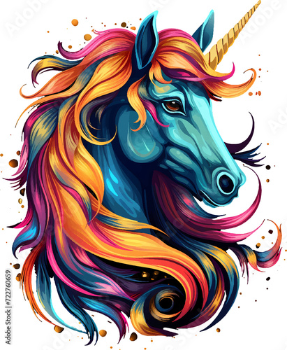 T-shirt design, colorful unicorn head