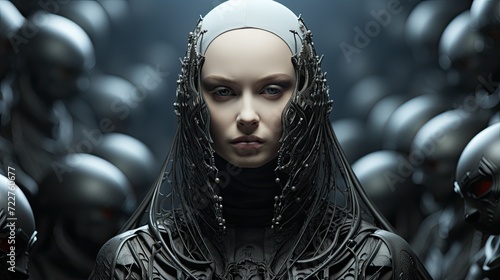Illustration of a cyberpunk-inspired humanoid female robot, showcasing future innovation in science fiction