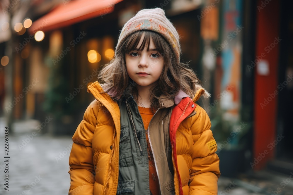 Portrait of a cute little girl in a yellow jacket and hat on the street.