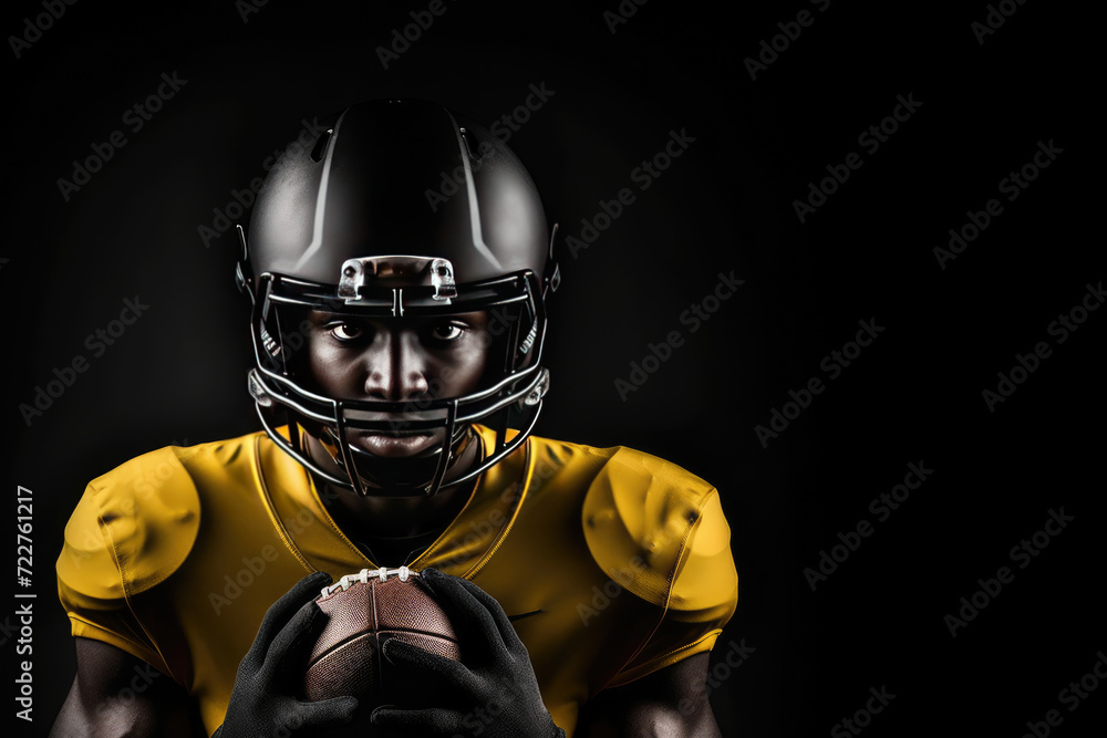 Intense American Football Player in Gold Jersey Ready for Game