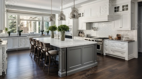 Beautiful kitchen in new traditional style luxury home. Features white island, counters, and cabinetry, and dark hardwood floors