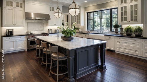 Beautiful kitchen in new traditional style luxury home. Features white island, counters, and cabinetry, and dark hardwood floors