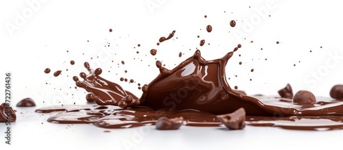 Closeup rendering 3D brown chocolate liquid splashes isolated on white background. Generated AI