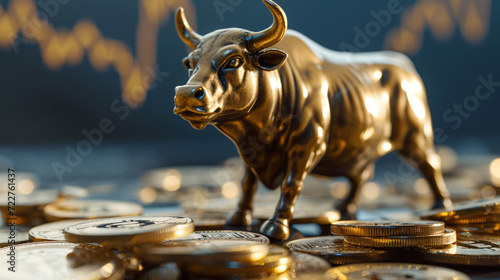 Bullish divergent concept gold bull and bitcoins photo