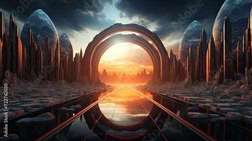 Background that features a bridge or portal connecting two different dimensions, with contrasting elements from each dimension extending in opposite directions. photo